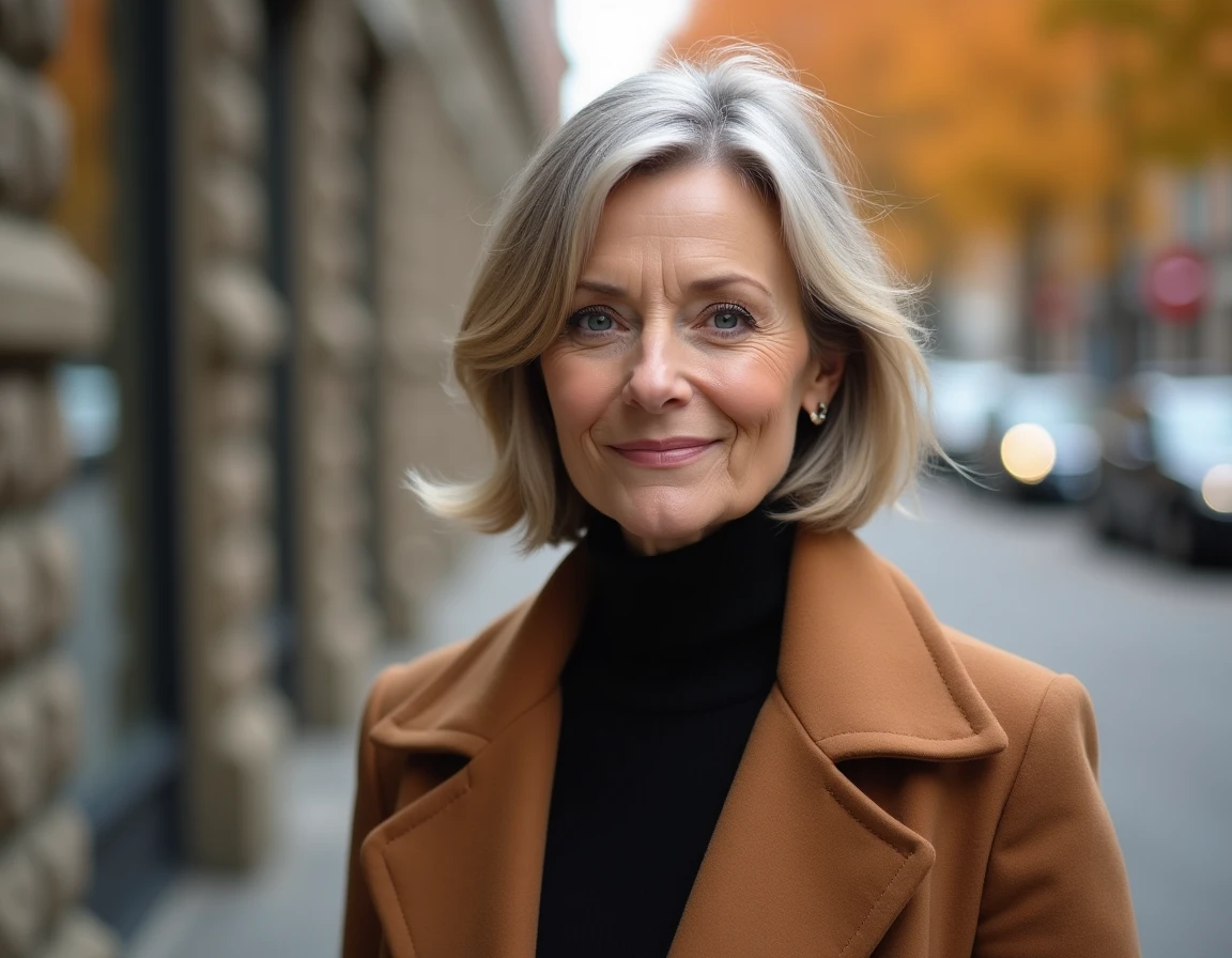 Portrait en gros plan d'une femme mature avec un carré plongeant soigné sur cheveux très fins en extérieur automnal