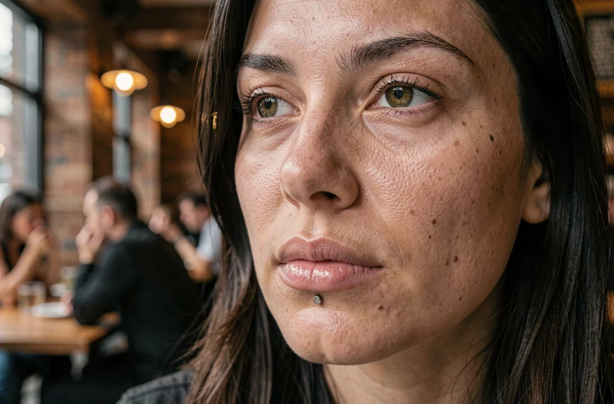 Portrait en gros plan d'une femme portant un piercing du labret guéri avec bijou en titane