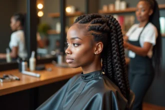Femme assise en salon de coiffure pendant une pose de box braids par une coiffeuse professionnelle