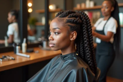 Femme assise en salon de coiffure pendant une pose de box braids par une coiffeuse professionnelle