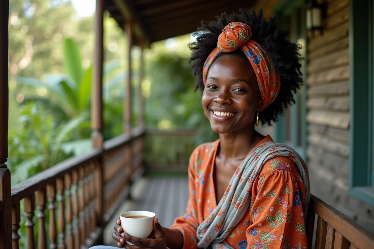 Femme avec henné posé sur cheveux frisés naturels enveloppés dans un turban coloré sur une terrasse extérieure