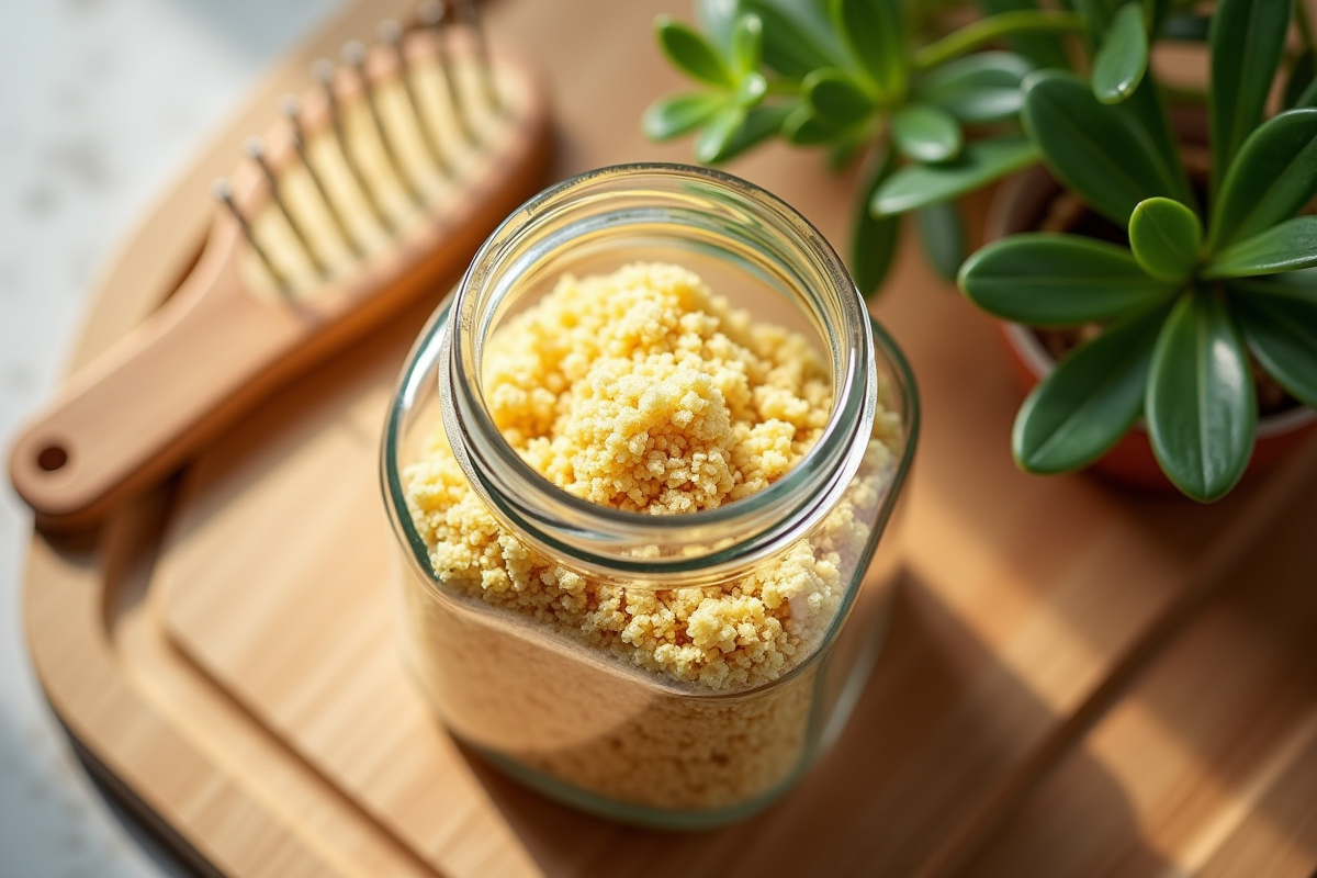 Pot de levure de bière sur un comptoir en bois avec brosse et plante