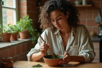 Femme aux cheveux bouclés préparant un masque au henné dans un bol en céramique dans sa cuisine