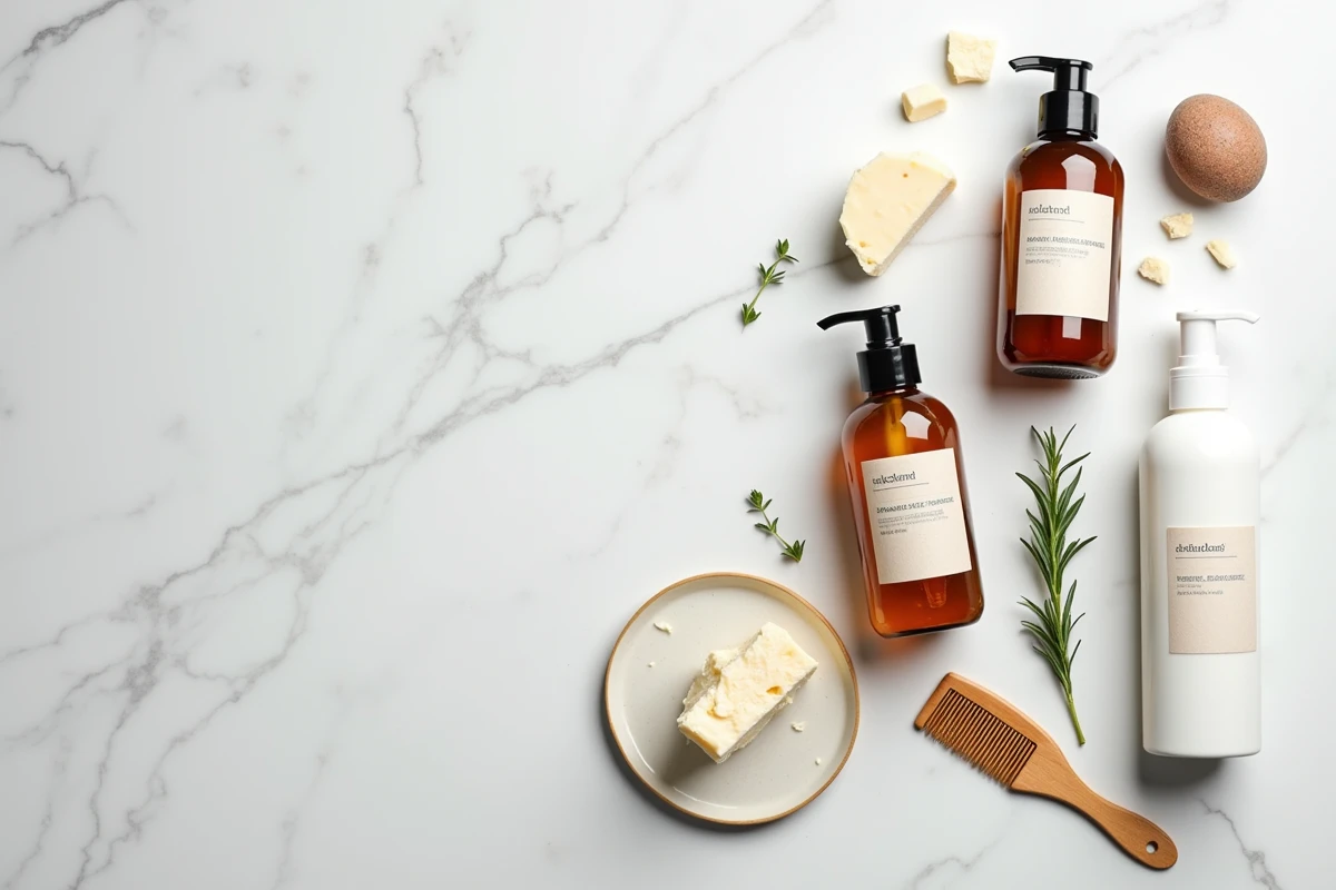 Plat posé de produits capillaires naturels sans sulfate sans silicone sur marbre avec ingrédients botaniques