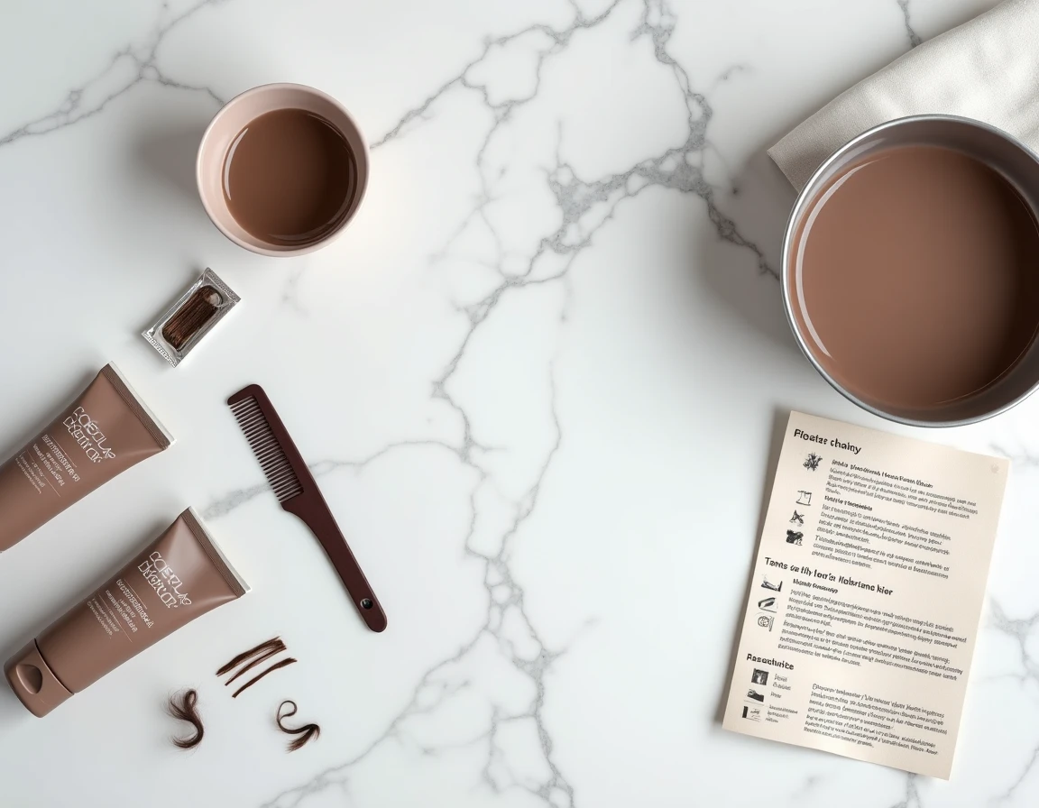 Produits et accessoires nécessaires pour réaliser un grey blending sur cheveux bruns à la maison disposés en flat-lay