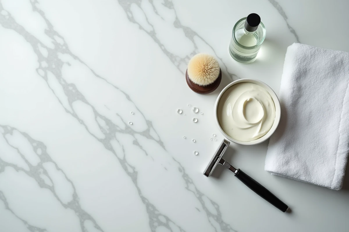 Plat posé de produits de rasage doux pour peau sensible sur marbre blanc : rasoir, blaireau et baume après-rasage