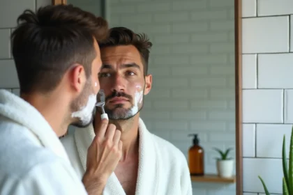 Homme rasant sa barbe courte avec un rasoir de sûreté sur peau sensible dans une salle de bain minimaliste