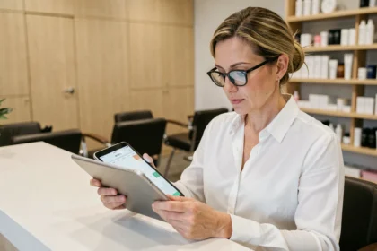 Réceptionniste de salon de coiffure gérant des rendez-vous en ligne sur une tablette via une interface de connexion numérique