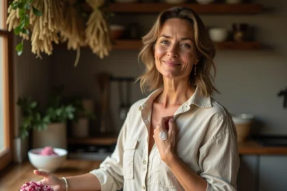 Femme mature appliquant une crème naturelle aux herbes sur son décolleté dans une cuisine rustique avec des ingrédients naturels
