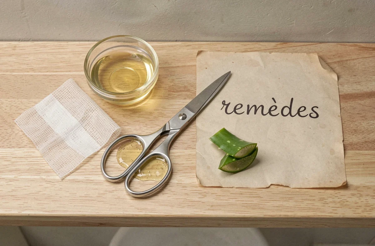 Assortiment de remèdes maison pour traiter une infiltration d'ongle : huile essentielle, aloe vera, compresses et ciseaux