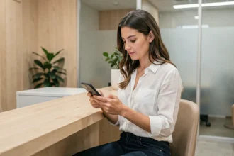 Femme réservant une séance en cabine UV dans un institut de bronzage à Levallois-Perret via une application mobile sur smartphone