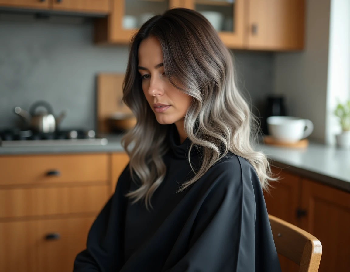 Résultat de grey blending sur cheveux bruns mi-longs montrant un dégradé naturel gris et brun