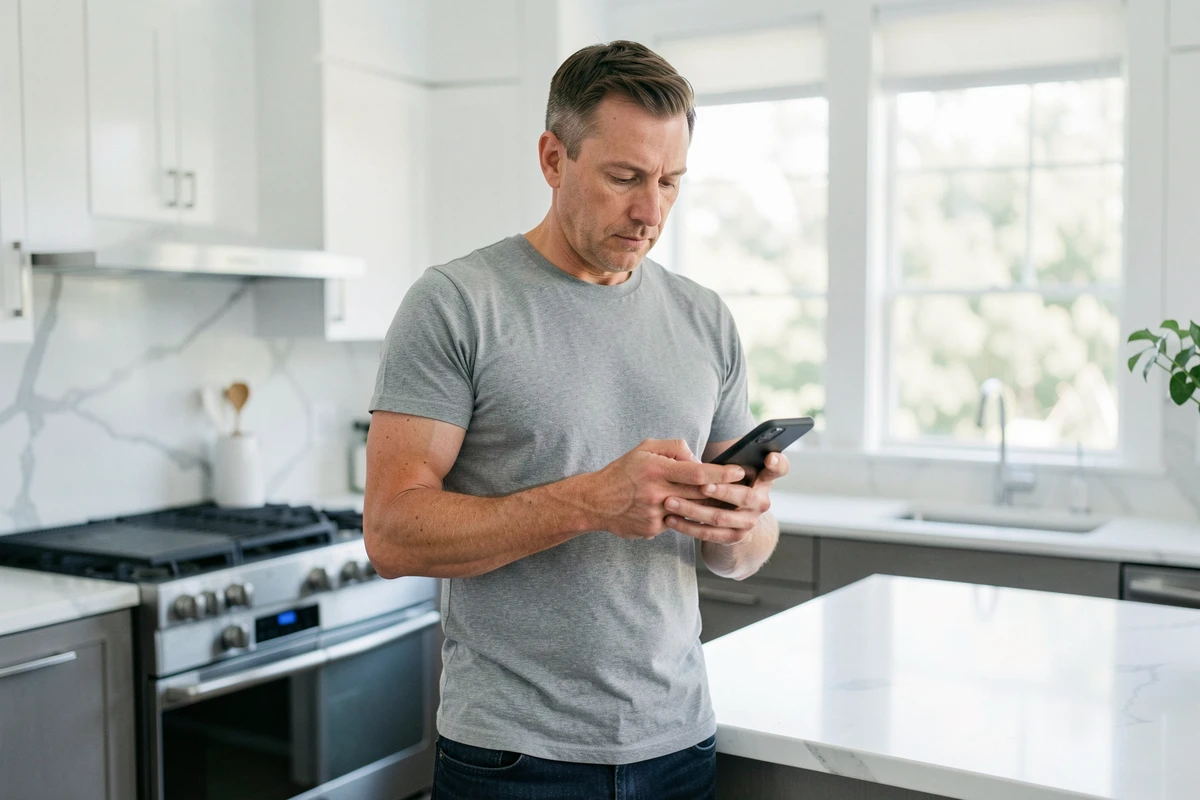 Homme lisant des avis clients sur son smartphone dans une cuisine moderne
