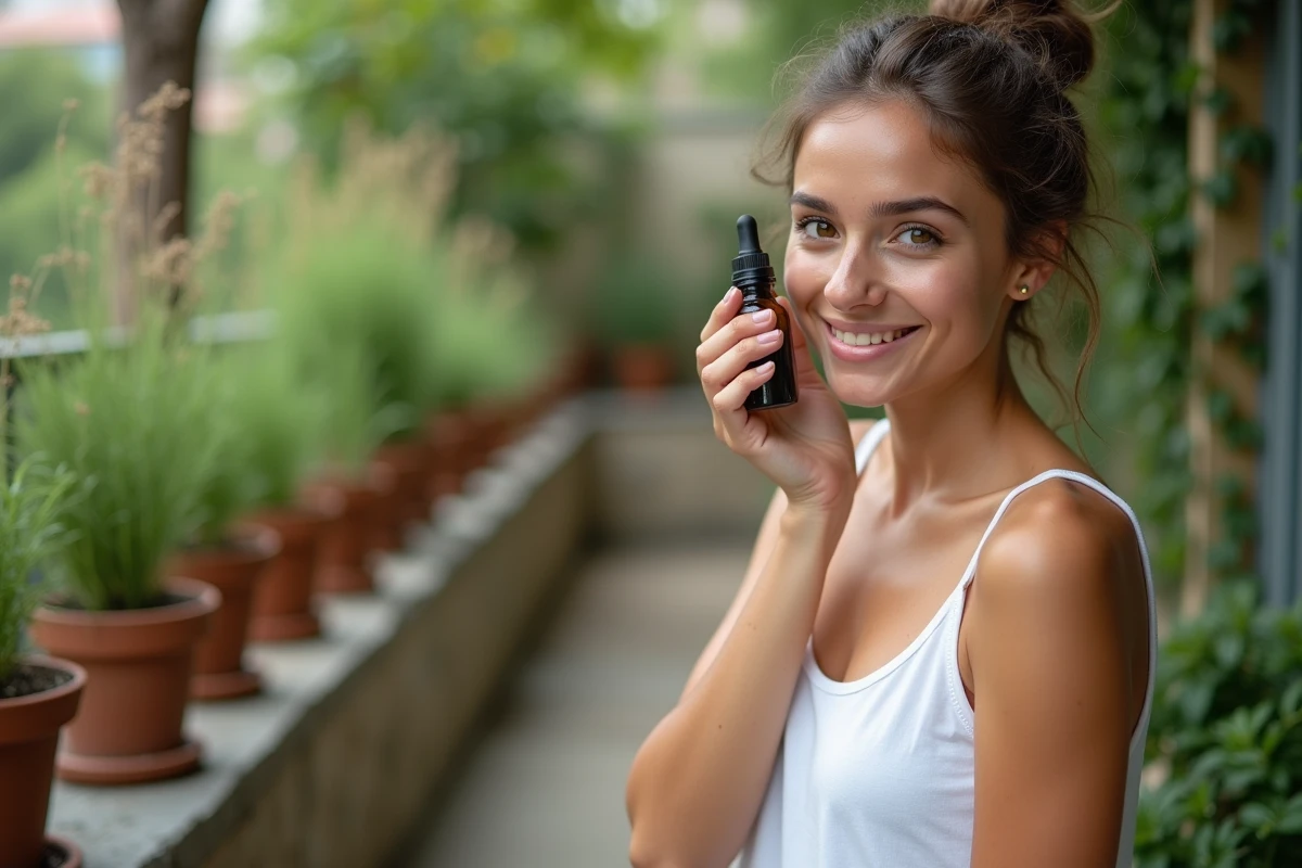 Jeune femme appliquant une huile visage naturelle sur sa peau nue dans un jardin urbain verdoyant