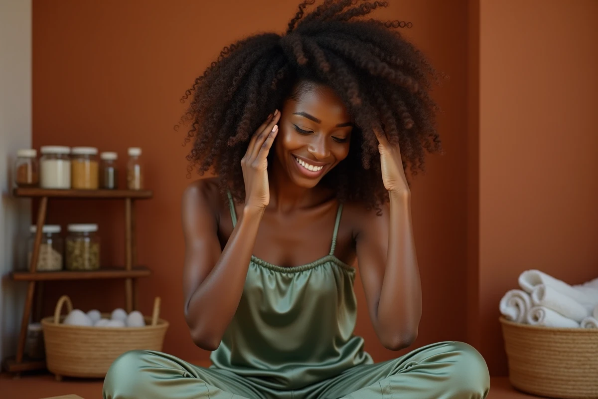 Femme noire appliquant un masque capillaire naturel sur cheveux crépus dans une salle de bain aux tons terracotta