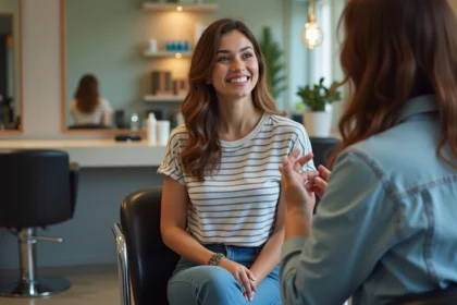 Femme discutant de sa coupe de cheveux dans un salon moderne