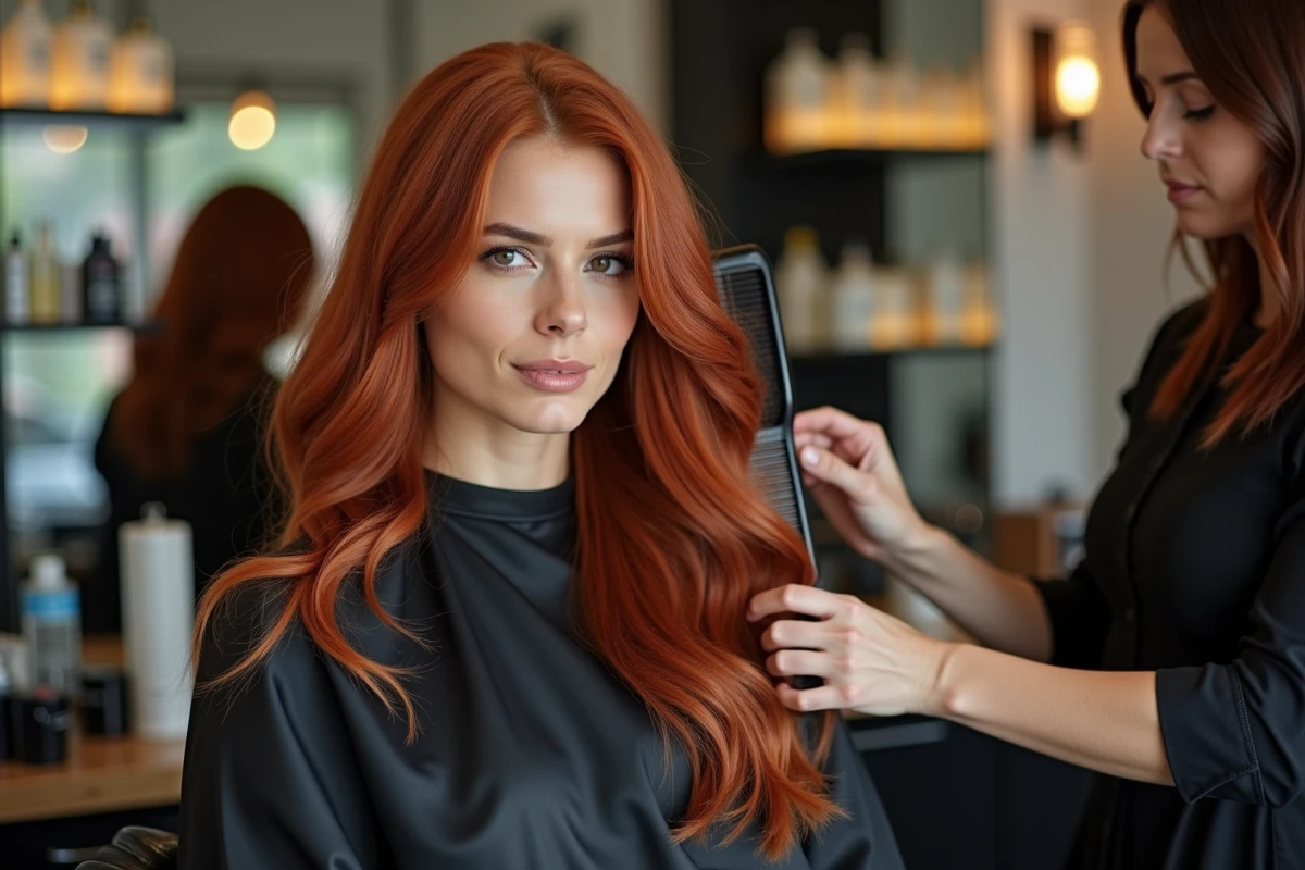 Coiffeuse appliquant un protecteur thermique sur les cheveux cuivrés d'une cliente dans un salon de coiffure professionnel