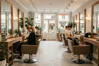 Intérieur d'un salon de coiffure moderne dans le Haut-Rhin, avec des coiffeurs au travail et une décoration élégante