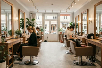 Intérieur d'un salon de coiffure moderne dans le Haut-Rhin, avec des coiffeurs au travail et une décoration élégante