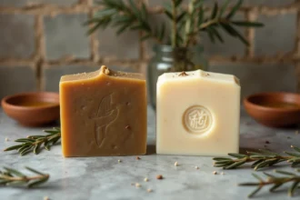 Savon d'Alep et savon de Marseille côte à côte sur marbre avec feuilles de laurier et huile d'olive
