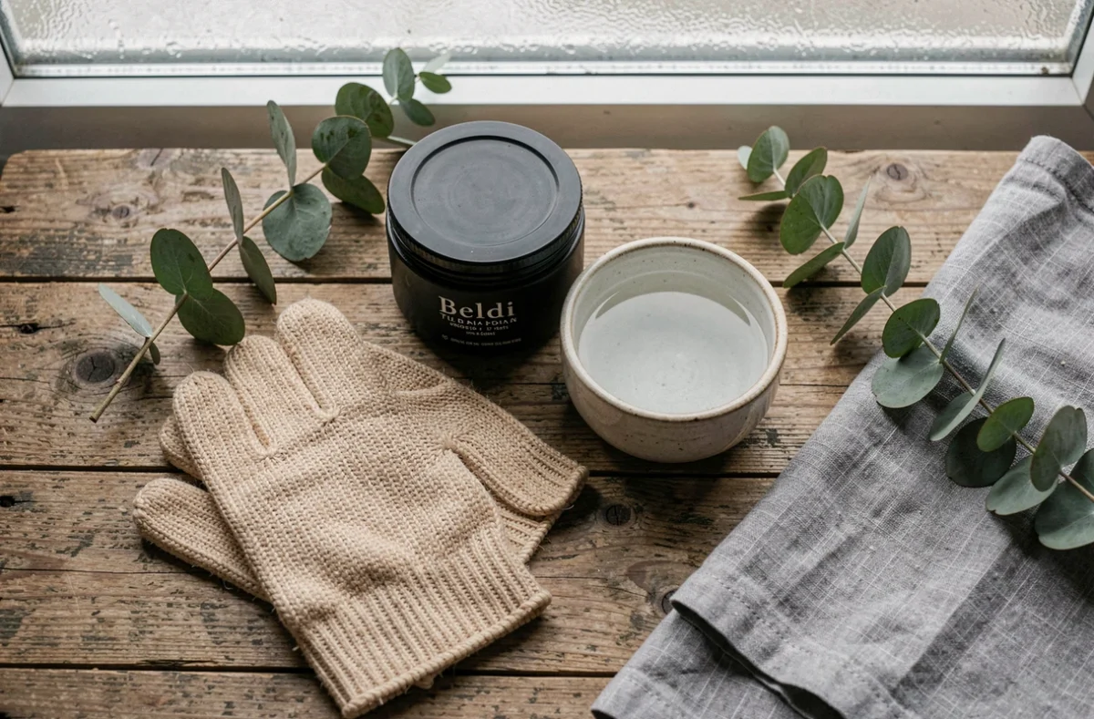 Pot de savon noir beldi avec gant kessa en sisal et bol en céramique sur une surface en bois rustique