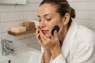 Femme appliquant du savon noir sur son visage au-dessus d'un lavabo en céramique blanche dans une salle de bain naturelle