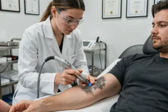 Séance de détatouage laser dans un centre esthétique parisien du Marais, technicienne opérant un laser sur un tatouage à corriger avant recouvrement