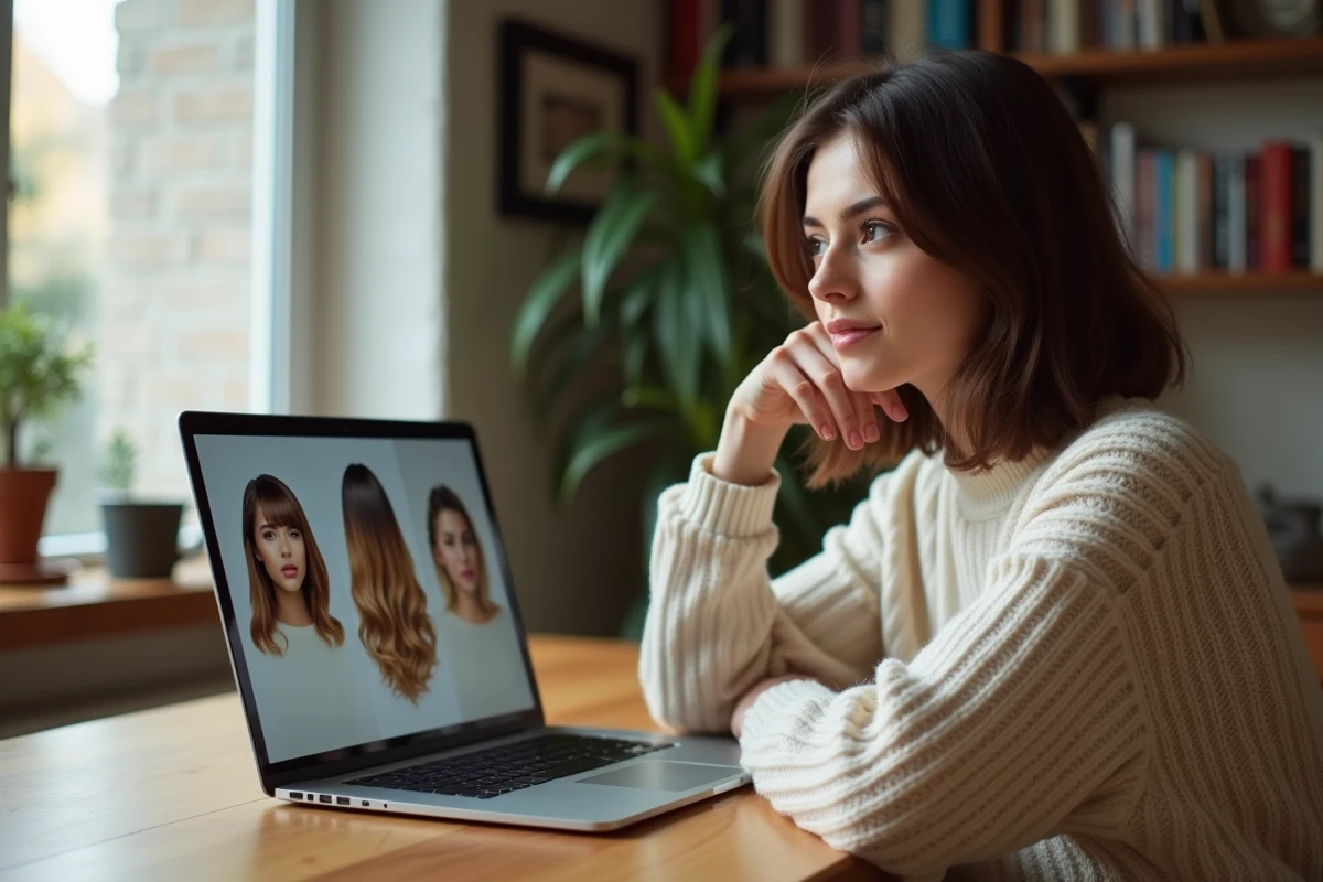 Jeune femme utilisant un simulateur de coupe de cheveux en ligne sur ordinateur portable à la maison