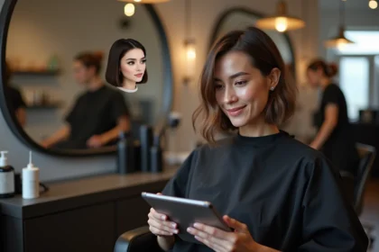 Femme essayant un simulateur de coupe de cheveux numérique sur tablette dans un salon de coiffure moderne