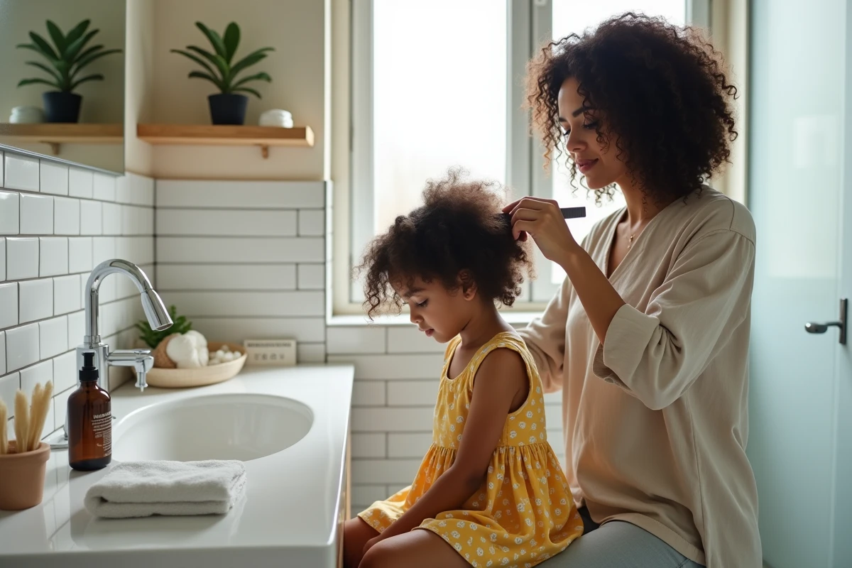 Maman appliquant un soin capillaire sur les cheveux bouclés de sa fille dans une salle de bain à domicile
