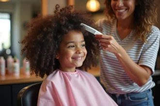Coiffeuse appliquant un soin Olaplex sur les cheveux bouclés d'une jeune fille dans un salon de coiffure