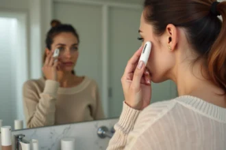 Femme appliquant un soin visage devant miroir dans salle de bain
