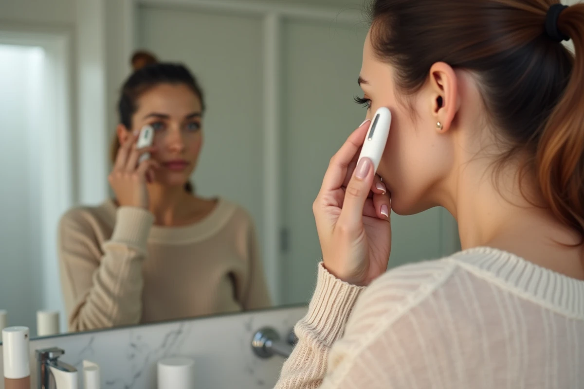 Femme appliquant un soin visage devant miroir dans salle de bain