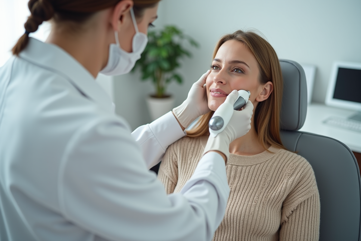 Femme en sweater beige lors d'un traitement laser facial