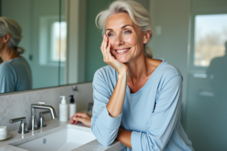 Femme d'âge moyen appliquant une crème visage dans une salle de bain