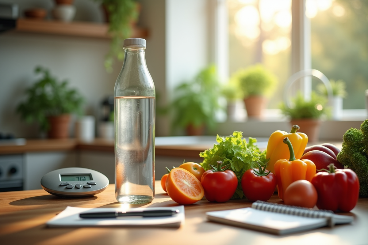 Table avec aliments sains et fruits pour un repas équilibré