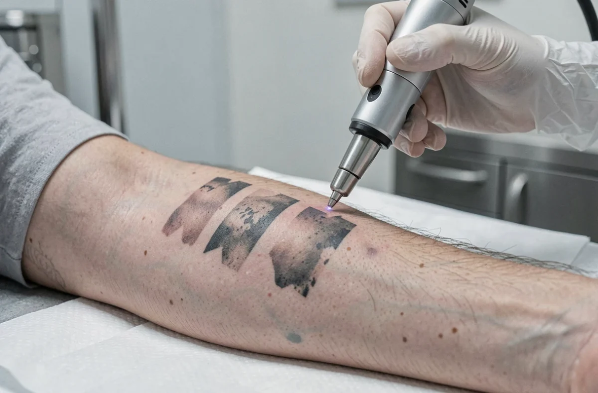 Gros plan d'un tatouage en cours d'effacement laser sur l'avant-bras, montrant la progression du détatouage avant recouvrement