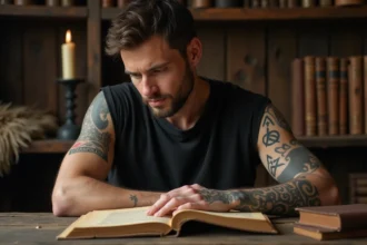 Homme avec tatouage Valknut trois triangles nordiques sur l'avant-bras, étudiant un manuscrit runique dans un bureau viking rustique
