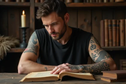 Homme avec tatouage Valknut trois triangles nordiques sur l'avant-bras, étudiant un manuscrit runique dans un bureau viking rustique