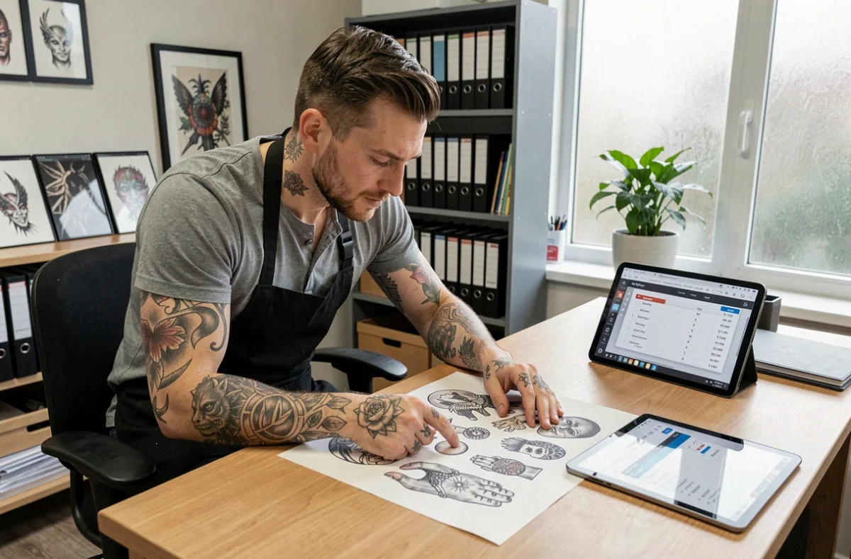 Tatoueur professionnel expliquant le coût d'un grand tatouage corporel à son client lors d'une consultation en studio