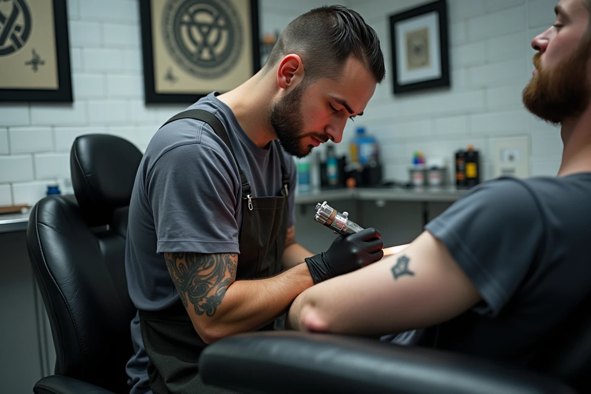 Tatoueur professionnel appliquant un tatouage Valknut trois triangles sur le bras d'un client dans un studio de tatouage minimaliste