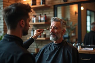 Homme aux cheveux poivre et sel en chaise de barbier recevant une teinture professionnelle dans un salon moderne