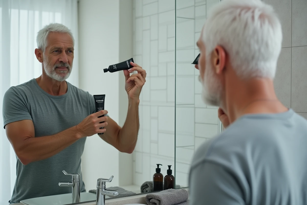 Homme aux cheveux blancs appliquant lui-même une teinture à domicile devant un miroir de salle de bain moderne