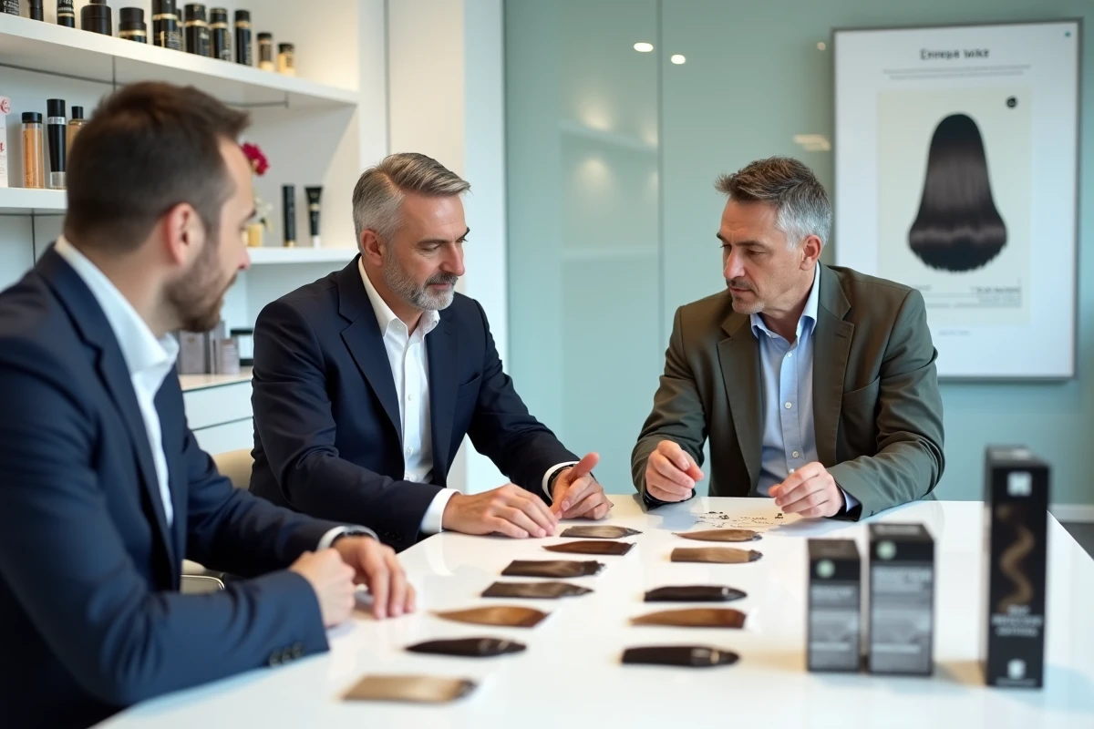 Deux hommes comparant des boîtes de teinture capillaire pour cheveux blancs lors d'un test de nouvelles formules en showroom