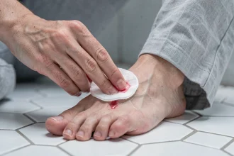 Femme appliquant un remède maison sur un ongle incarné légèrement enflammé avec un coton imbibé