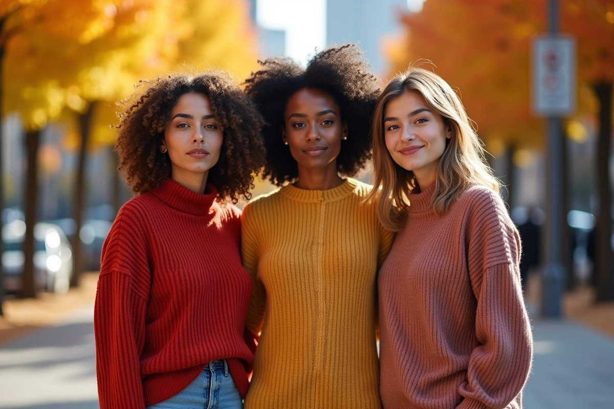 Trois femmes en robes en tricot dans la rue en automne