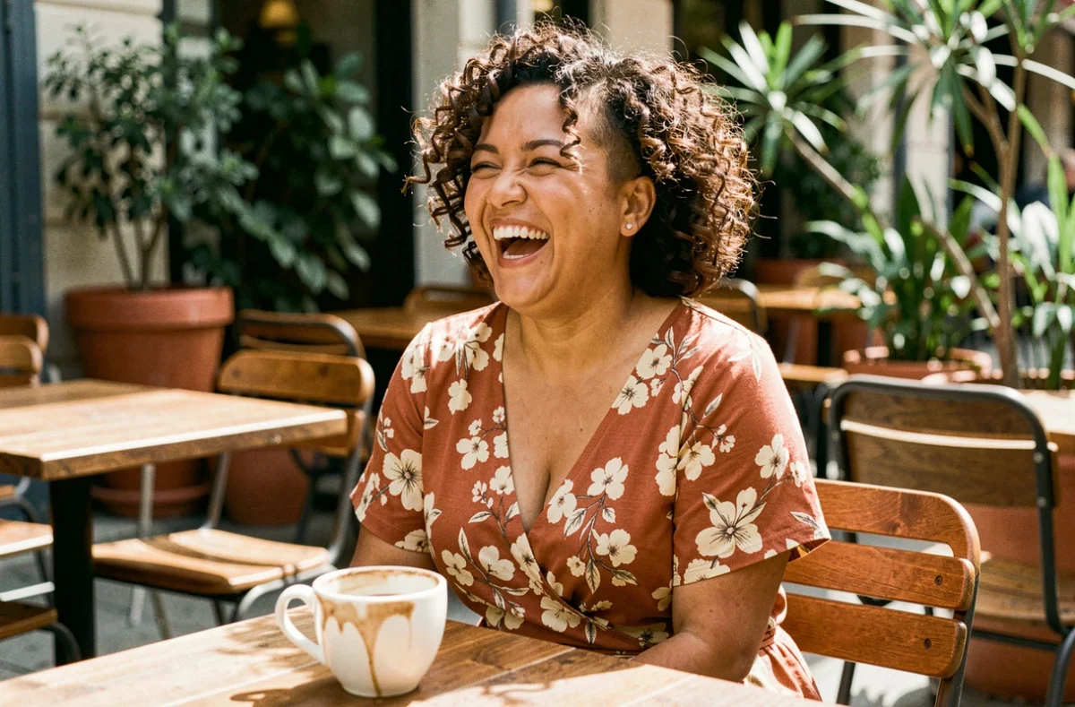Femme riant spontanément avec une coupe courte bouclée undercut, attablée en terrasse de café avec une robe fleurie