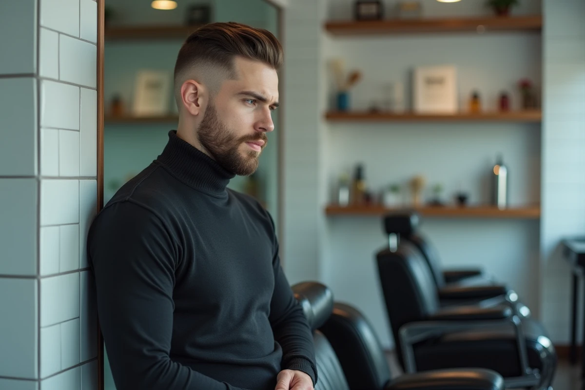 Homme avec un undercut slicked-back dans un salon de coiffure moderne minimaliste au style urbain chic